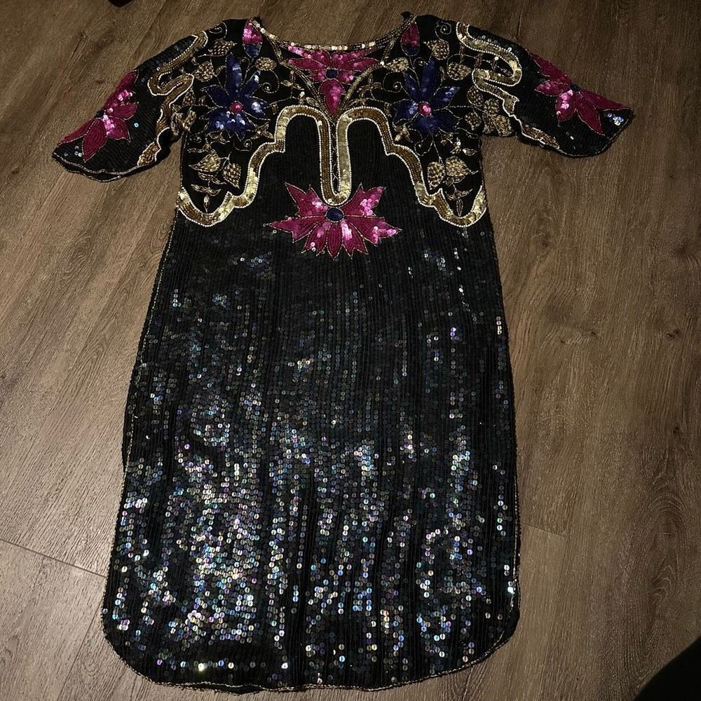 Vintage Chanson D'Amour Womens Dress sz L Black 100% Silk Sequin Beaded 80s